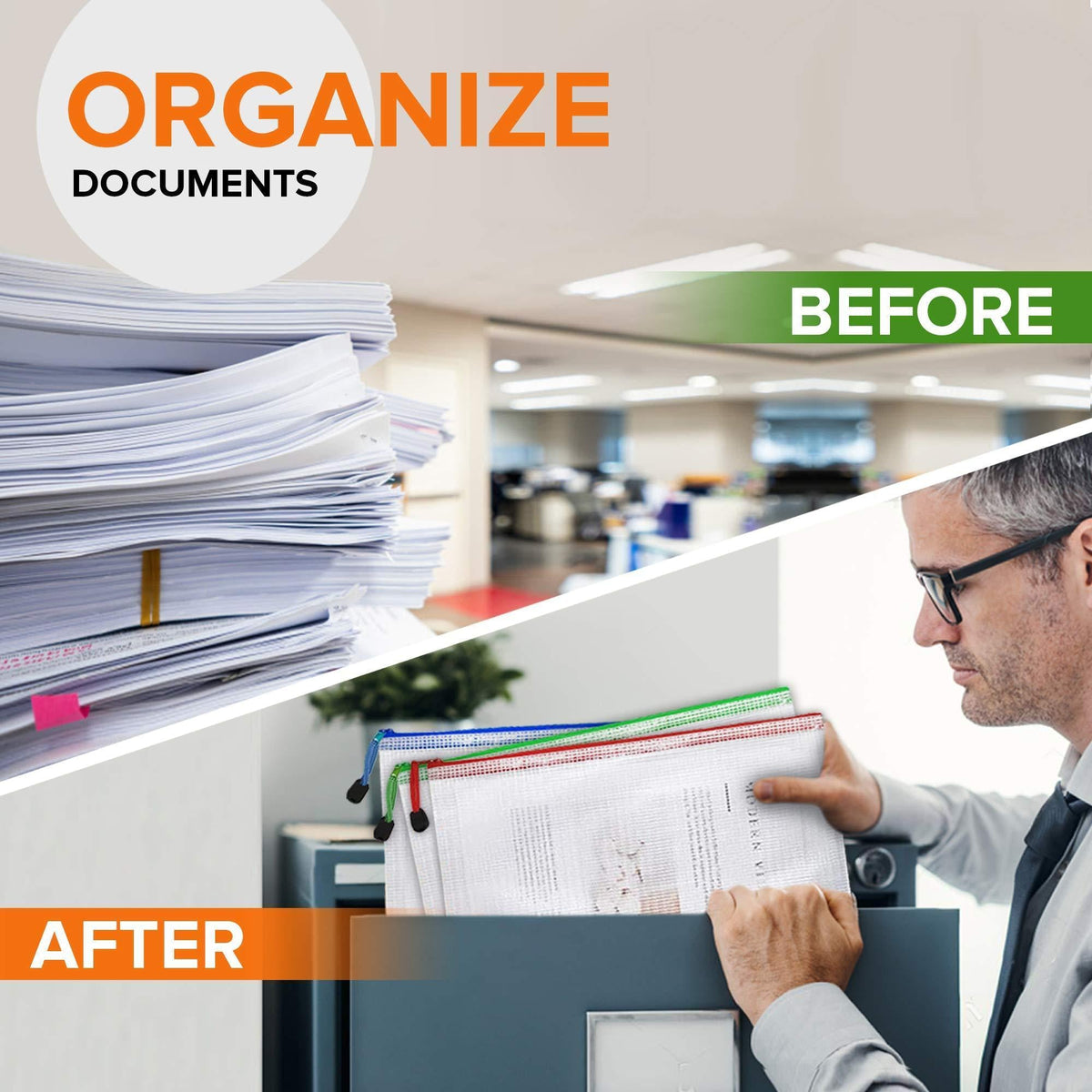 Documents sorted into colored mesh zipper pouches in a filing cabinet