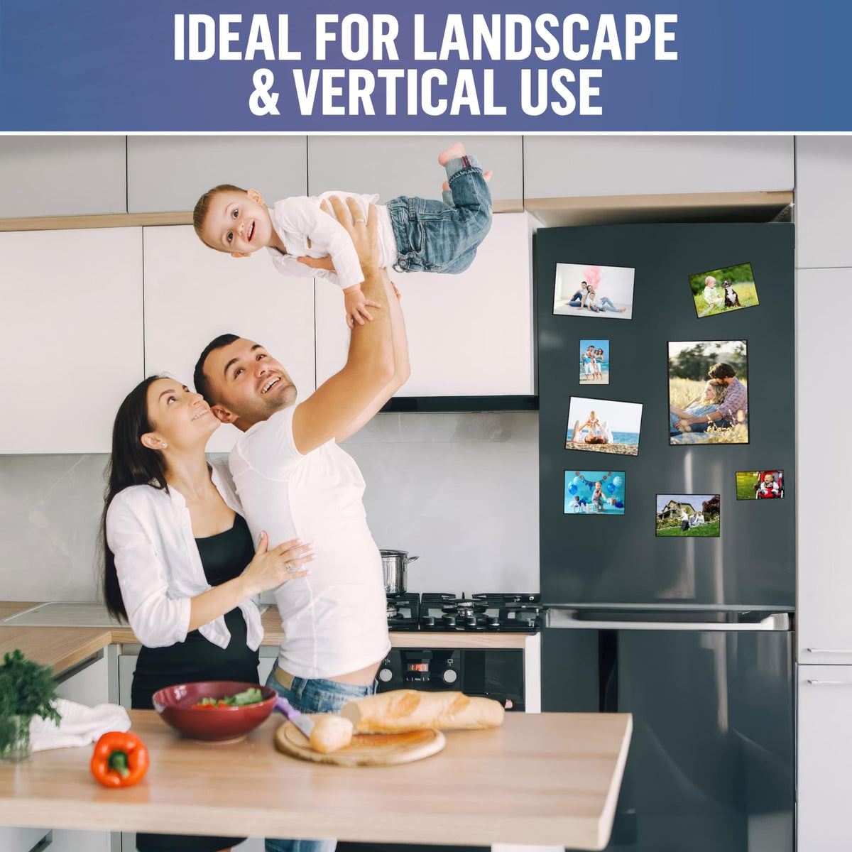 Horizontal and vertical black magnetic photo sleeves arranged on a refrigerator