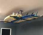 Surfboards and paddleboards stored on the Hi-Port 2 ceiling rack