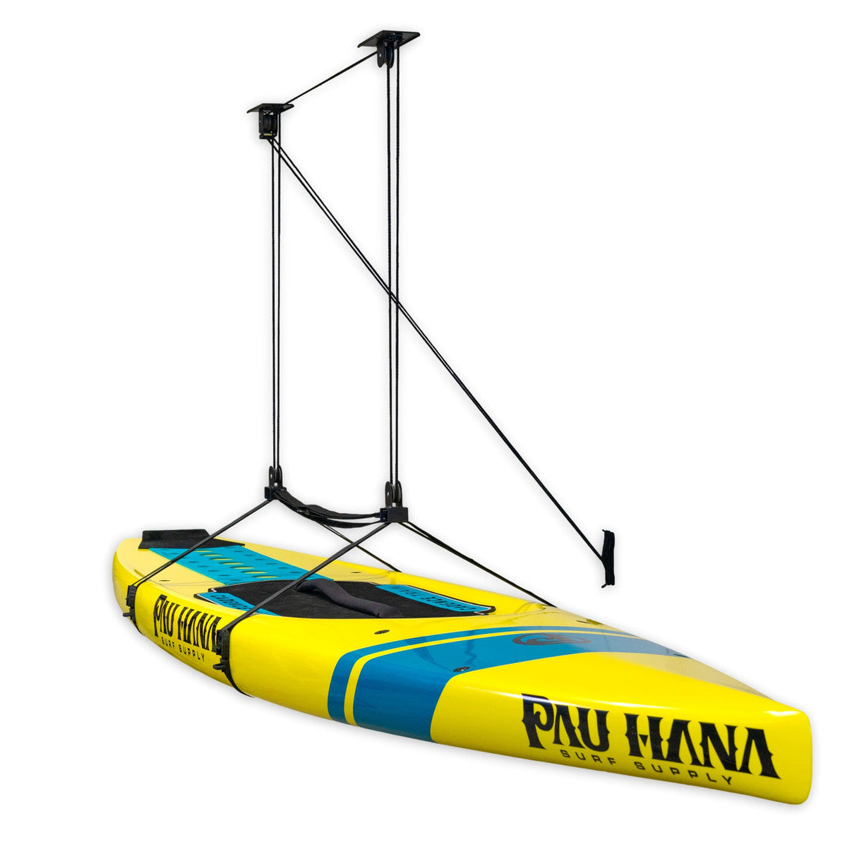 Yellow paddleboard lifted by the garage pulley hoist