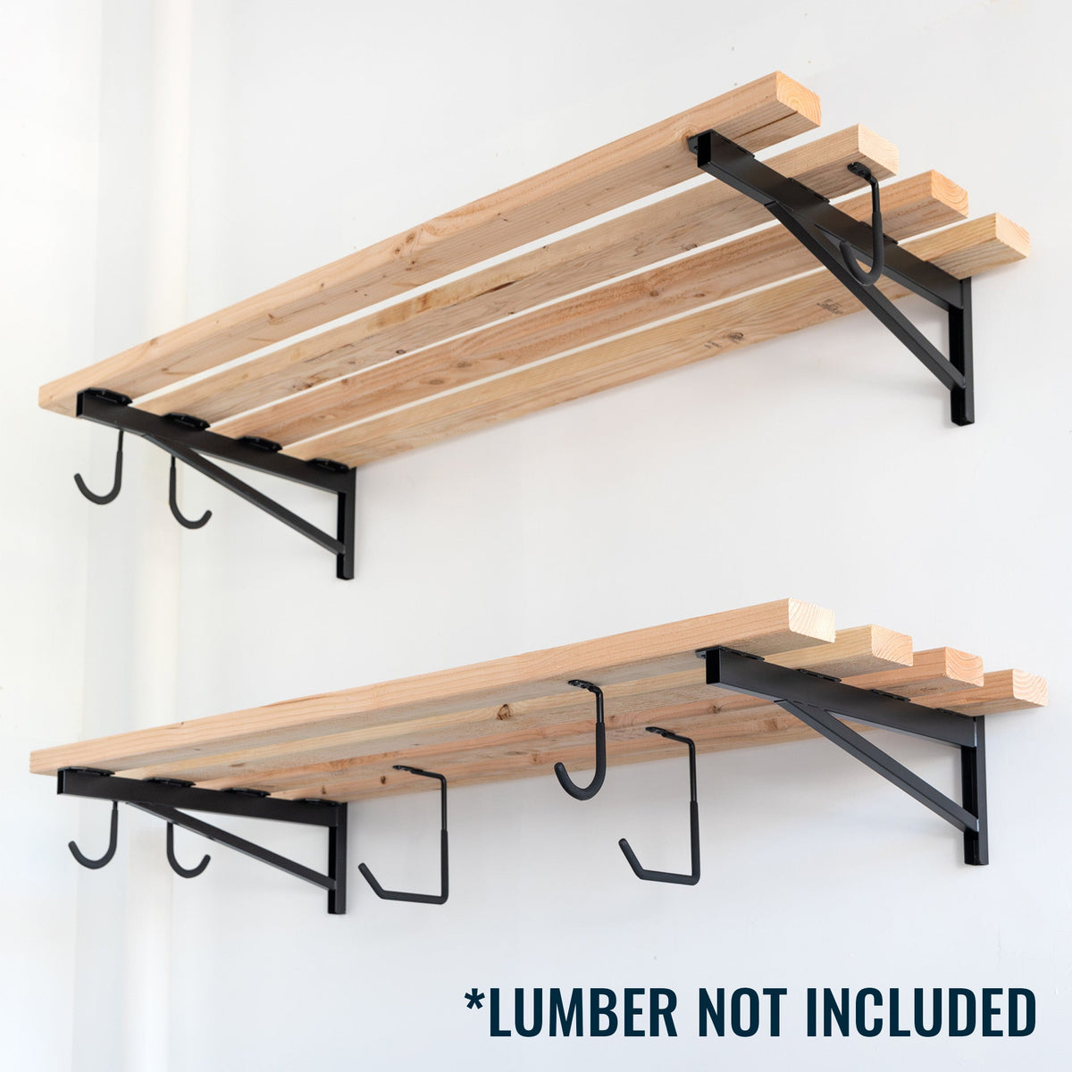 DIY brackets with 2 x 4 ft wood shelves and hooks installed (lumber not included)