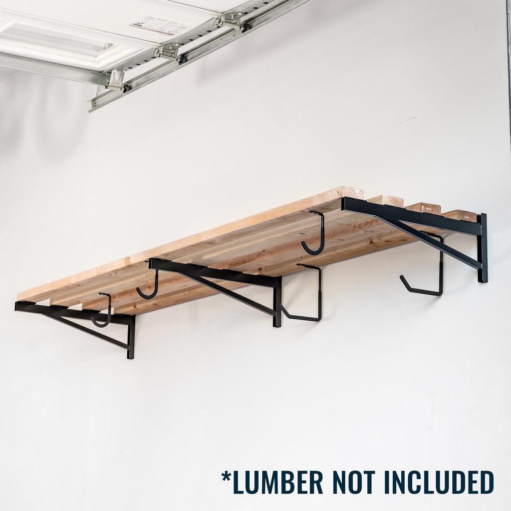 2 x 8 ft wood shelf on DIY brackets with hooks (lumber not included)