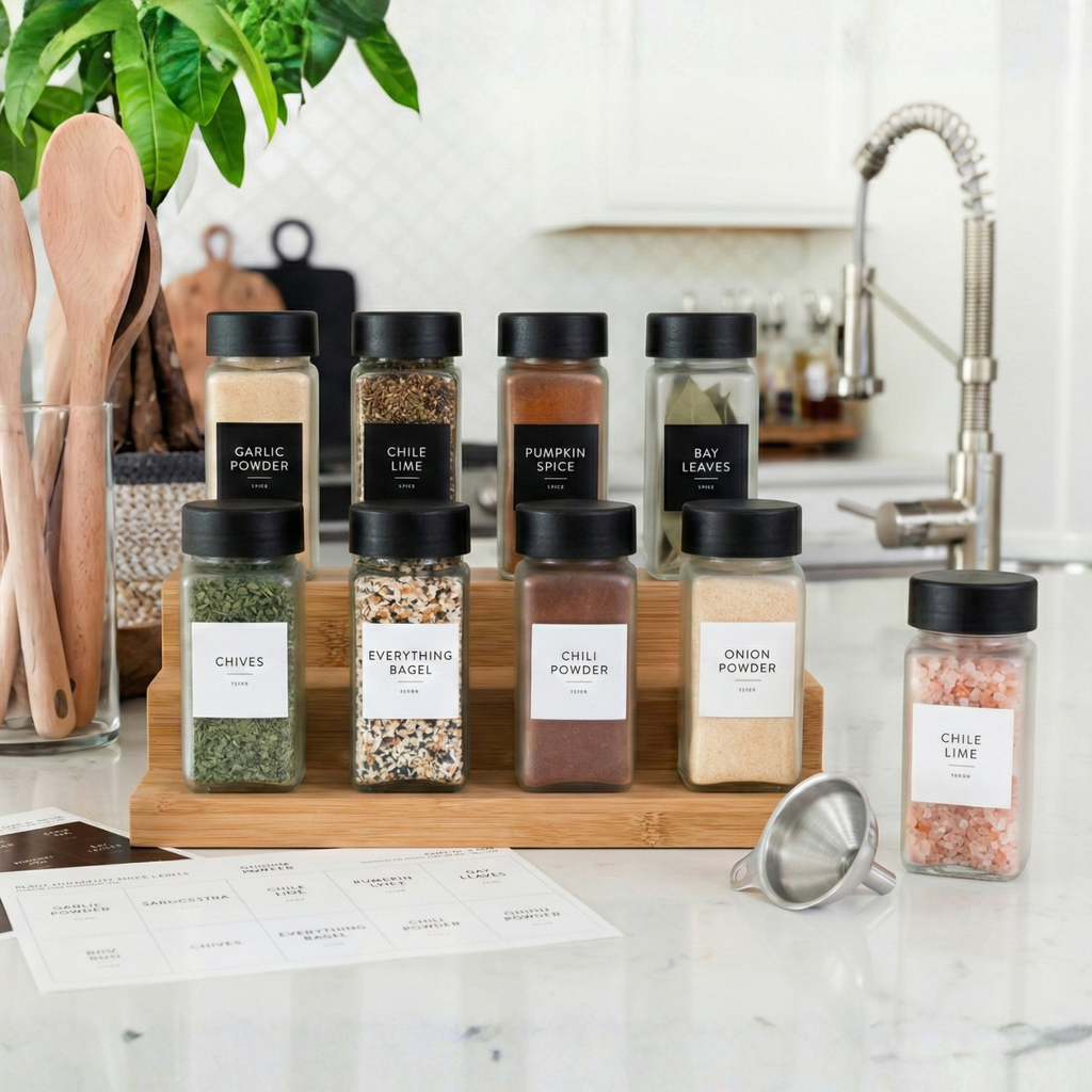 Black-lid spice jars on a wooden riser next to a kitchen sink