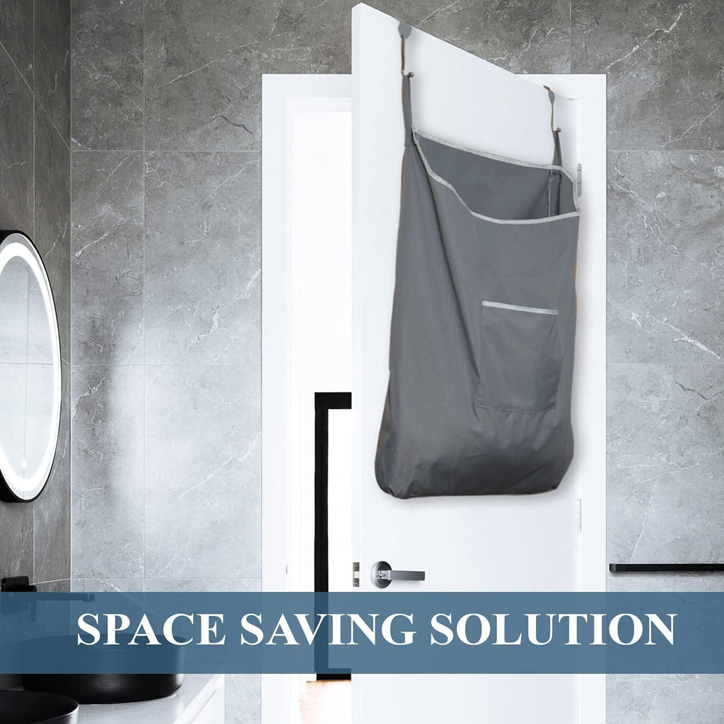 Gray hanging laundry hamper saving floor space behind a door