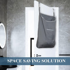 Gray hanging laundry hamper saving floor space behind a door