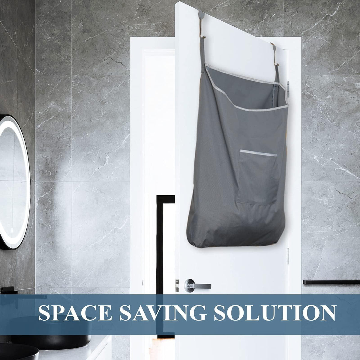 Gray hanging laundry hamper saving floor space behind a door