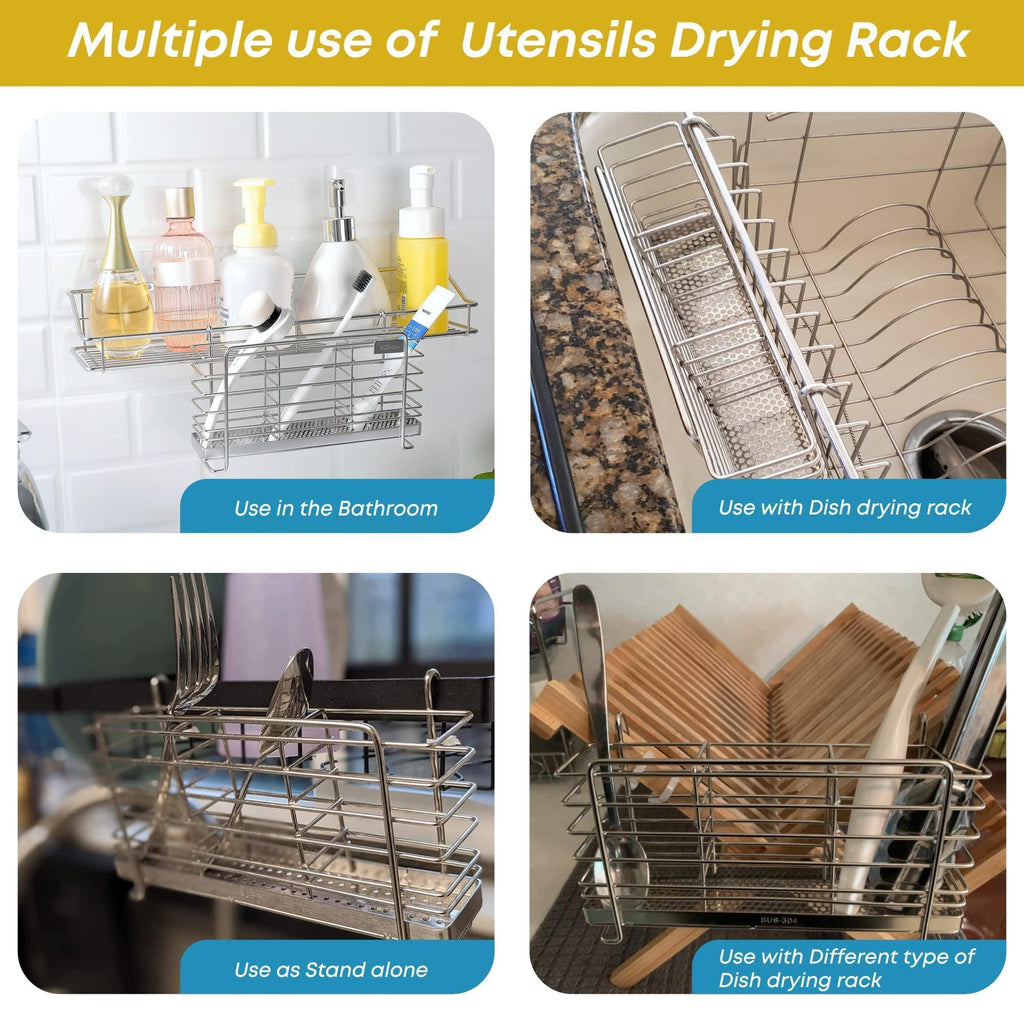 Four uses for the utensil rack: bathroom, dish rack, countertop, and cutting-board storage