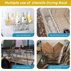 Four uses for the utensil rack: bathroom, dish rack, countertop, and cutting-board storage