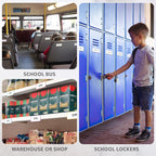 Colored-border magnetic labels used on a bus, storage shelves, and school lockers