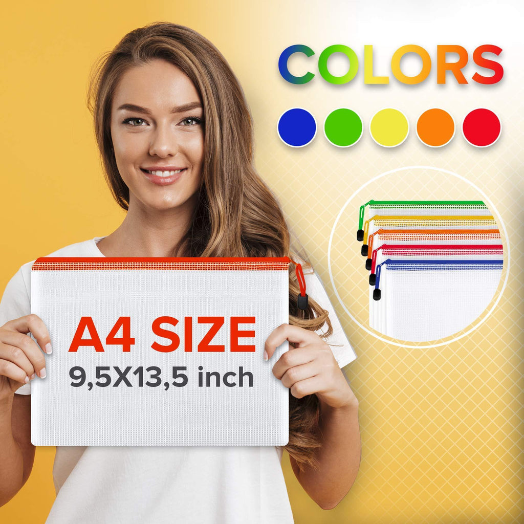 A person holding an A4 mesh document pouch with five zipper colors shown