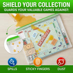 Mesh zipper bag with a board game beside graphics representing a drink spill, hands, and dust