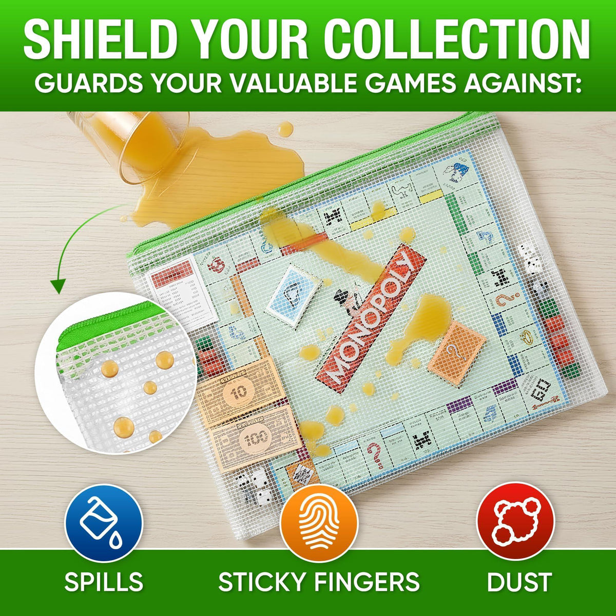 Mesh zipper bag with a board game beside graphics representing a drink spill, hands, and dust