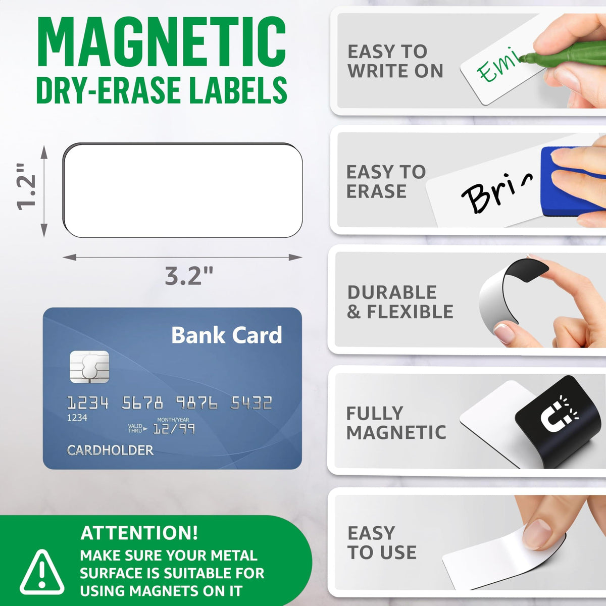 Small magnetic label dimensions and features beside a bank card for scale