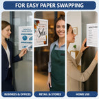 White sign holders showing a sales report, a store sign and a weekly to-do list