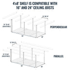 Diagram: the 4 x 8 ft shelf fits 16- and 24-inch ceiling joists, mounted perpendicular or parallel, with adjustable drop