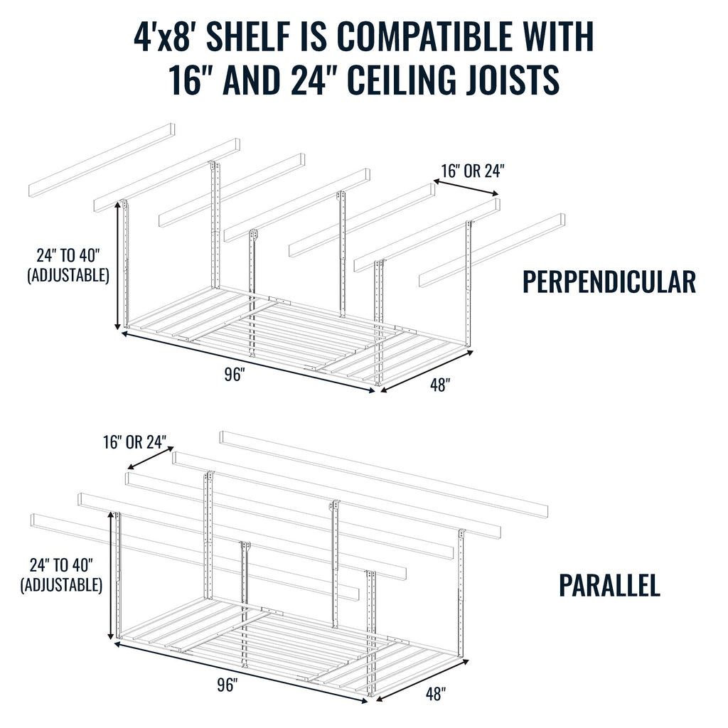 Diagram: the 4 x 8 ft shelf fits 16- and 24-inch ceiling joists, mounted perpendicular or parallel, with adjustable drop