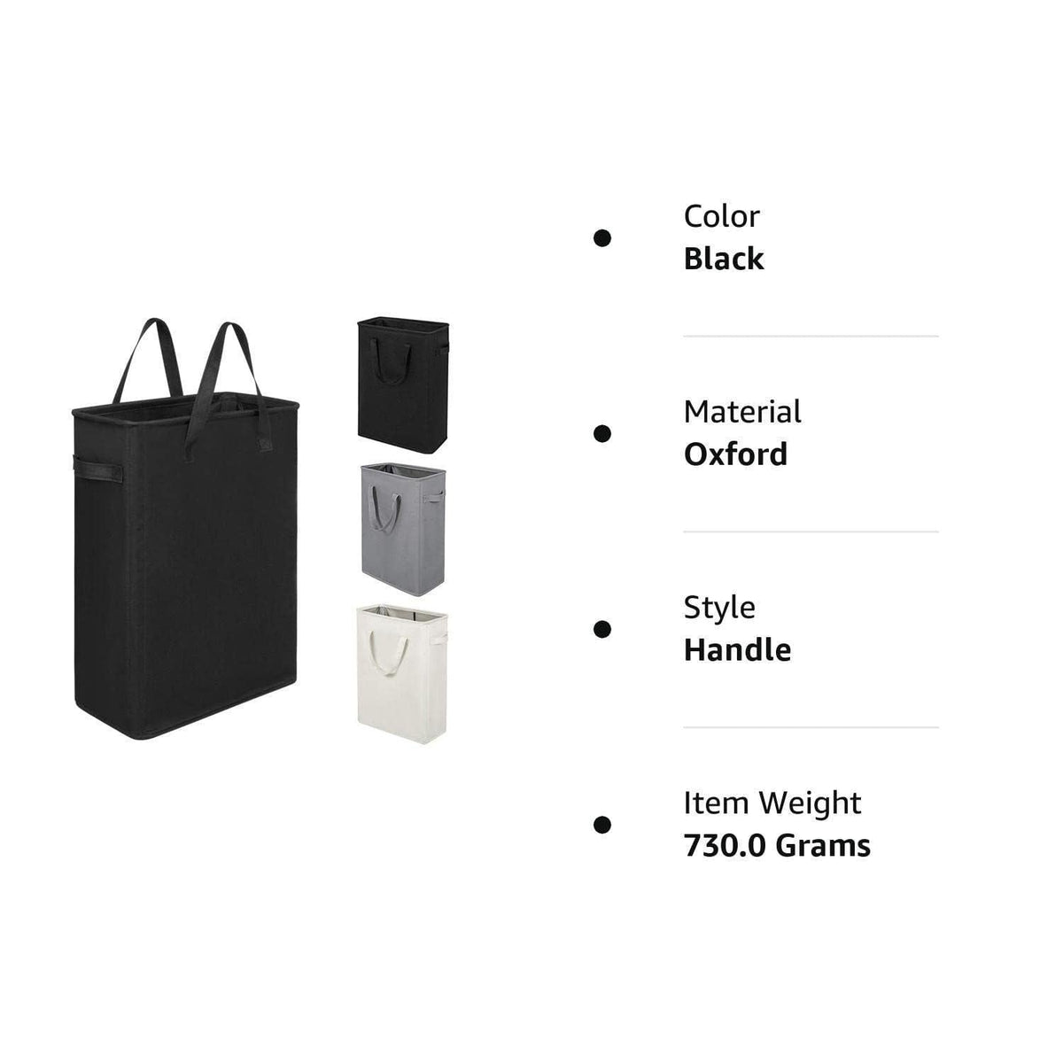 Black Oxford cloth laundry hamper specifications including 730 gram item weight