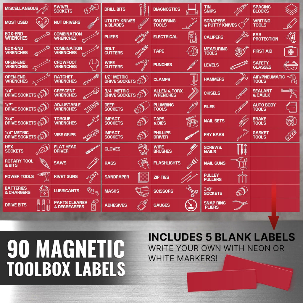 Full set of 90 red toolbox labels, including five blank labels for custom categories