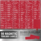 Full set of 90 red toolbox labels, including five blank labels for custom categories