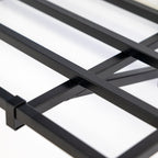 Close-up of the black steel shelf frame and bracket