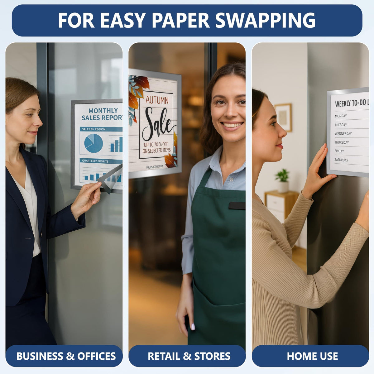 Sign holders showing a sales report, a store sign and a weekly to-do list