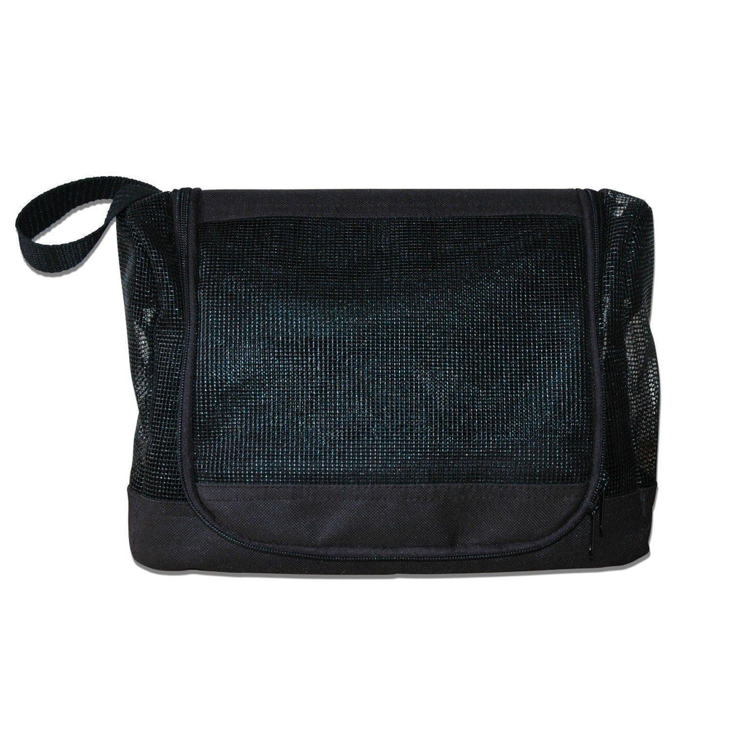 Front view of the closed black mesh shower caddy with a side carry loop