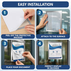 Four steps to install the sign holder on a glass door: peel, attach, place your document, display
