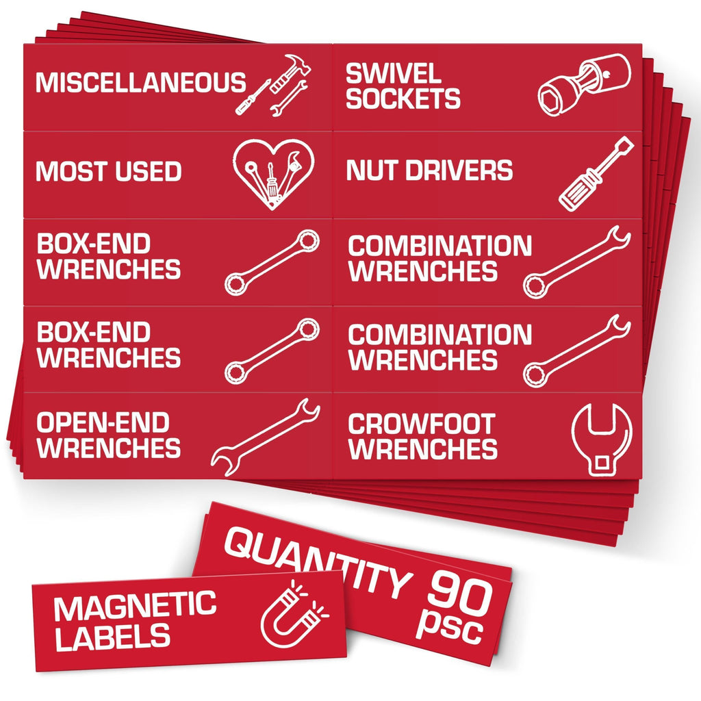 Red magnetic toolbox labels with preprinted tool names such as sockets, wrenches and nut drivers