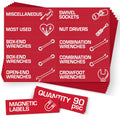 Red magnetic toolbox labels with preprinted tool names such as sockets, wrenches and nut drivers