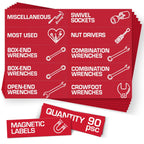 Red magnetic toolbox labels with preprinted tool names such as sockets, wrenches and nut drivers