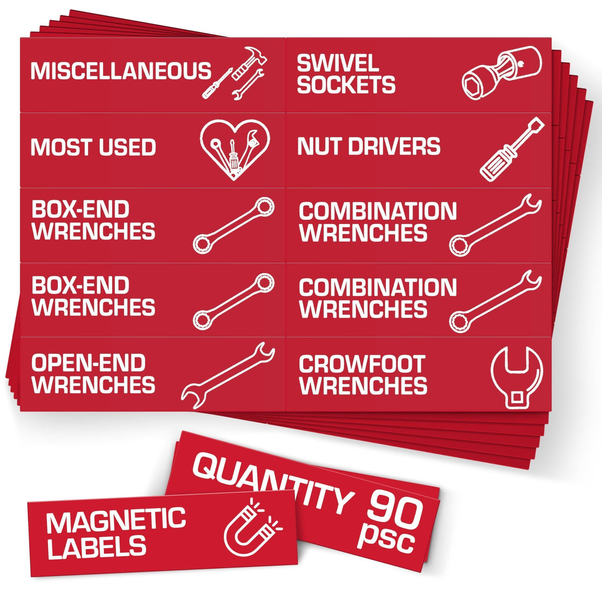 Red magnetic toolbox labels with preprinted tool names such as sockets, wrenches and nut drivers