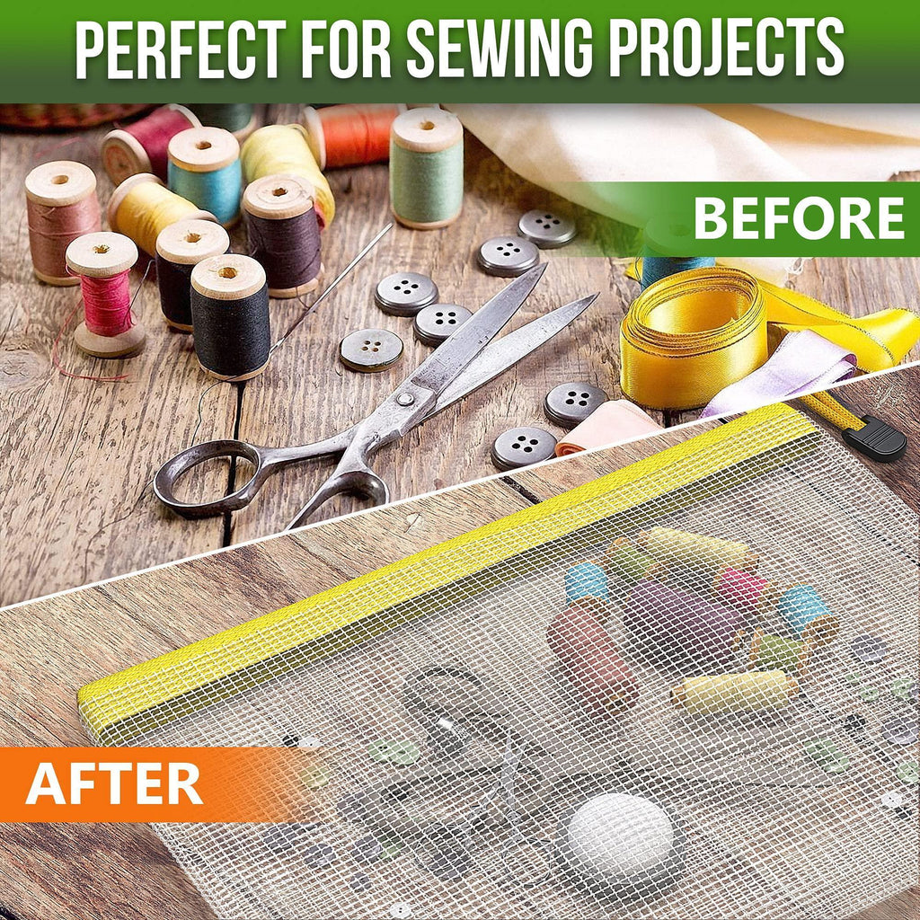 Sewing thread, buttons, and ribbon organized inside a yellow-zip mesh storage bag