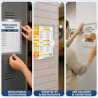 Sign holders displaying a school schedule, a restaurant menu and an exhibit poster