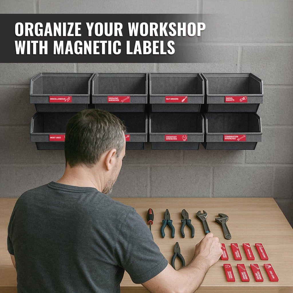 Red magnetic labels laid out next to hand tools below wall-mounted storage bins