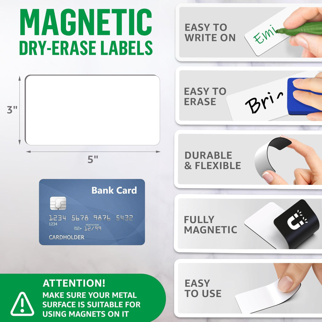 Large magnetic label showing size, write-on, wipe-clean, flexible, and fully magnetic features