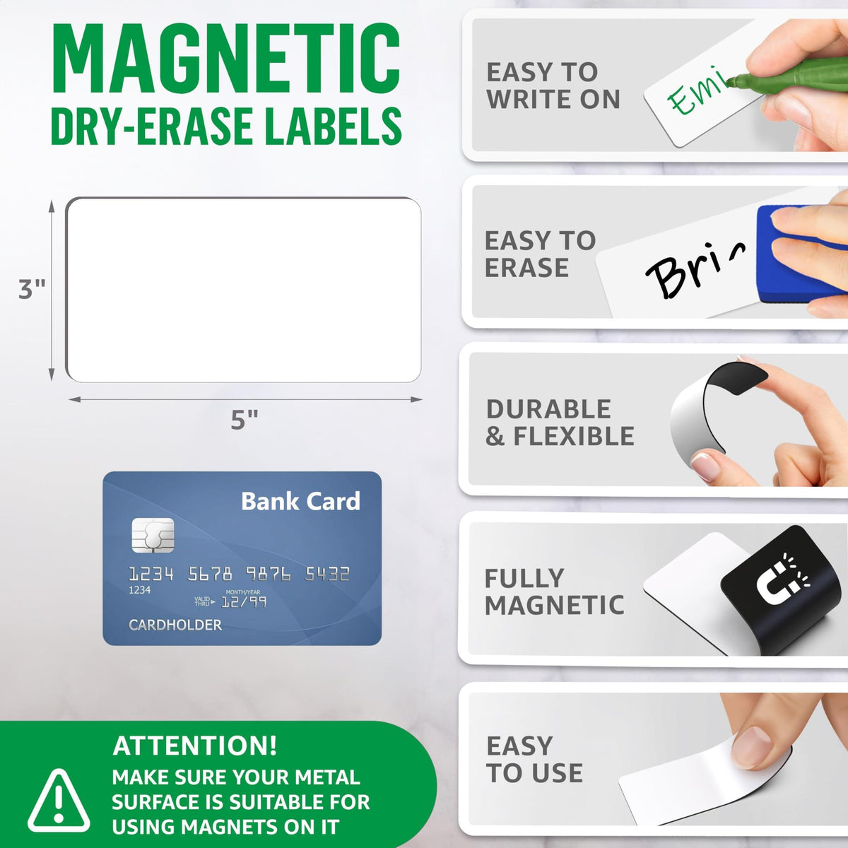 Large magnetic label showing size, write-on, wipe-clean, flexible, and fully magnetic features
