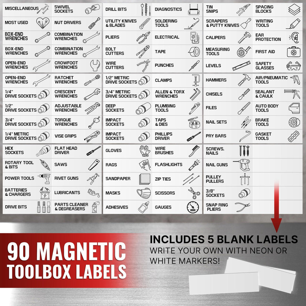 Complete 90-piece magnetic toolbox label set with 85 preprinted categories and 5 blank labels