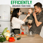 Colored-border magnetic labels on a refrigerator beside a family preparing food