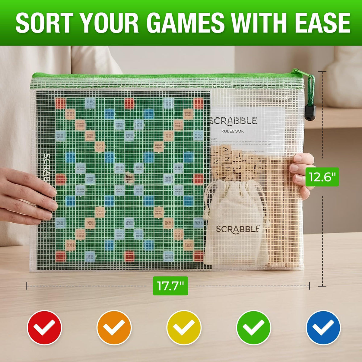 Scrabble board and tiles stored in a 17.7 x 12.6-inch mesh zipper bag