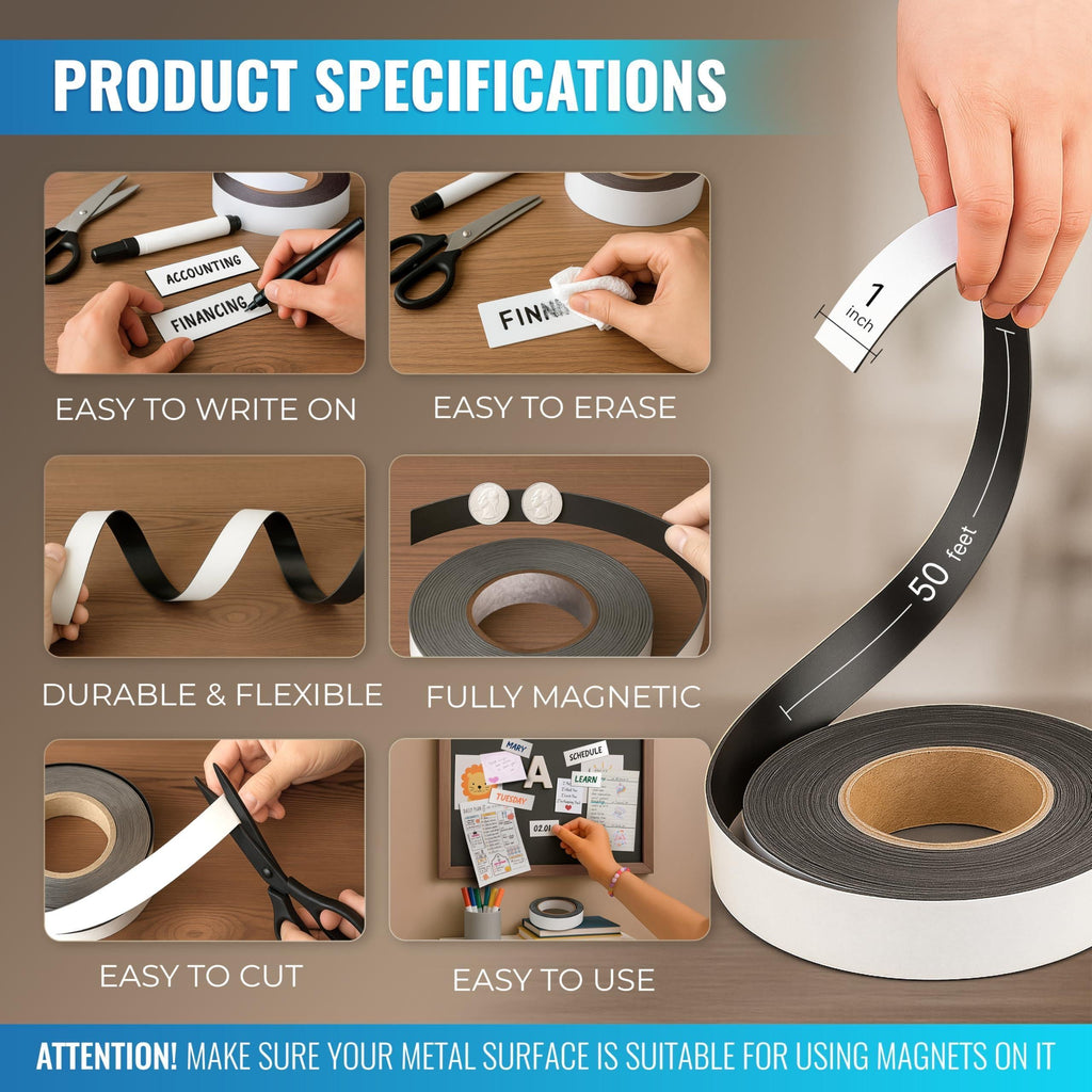 Magnetic tape specifications showing write-on, wipe-clean, flexible, cuttable, and fully magnetic features