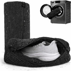 Two black padded zippered shoe laundry bags, with a sneaker inside one bag