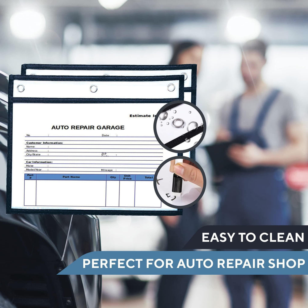 Black hanging document sleeve holding an auto repair form with wipe-clean surface detail