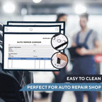 Black hanging document sleeve holding an auto repair form with wipe-clean surface detail