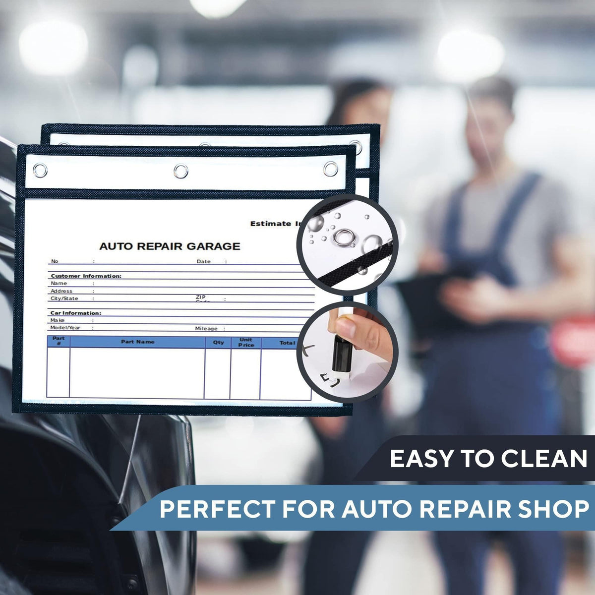 Black hanging document sleeve holding an auto repair form with wipe-clean surface detail