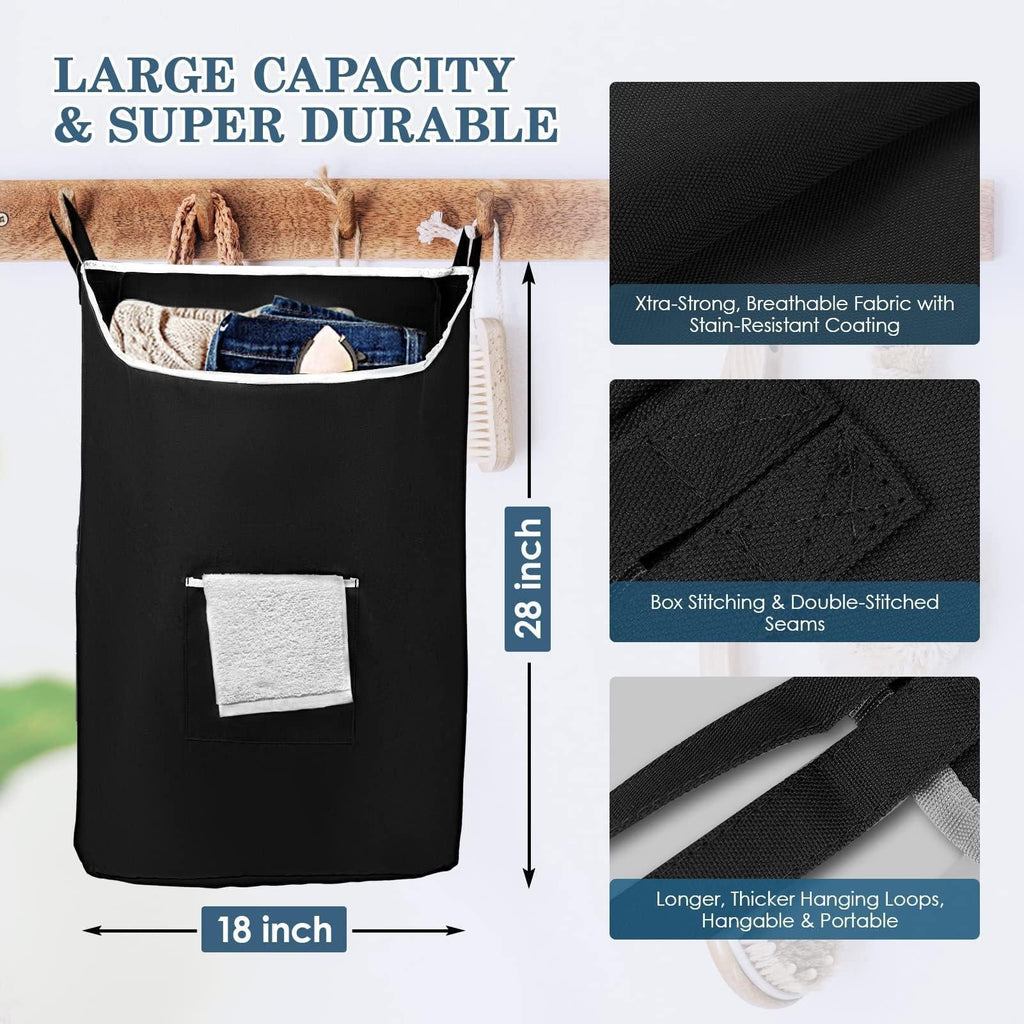 Black hanging hamper measuring 18 inches wide by 28 inches high, with fabric details