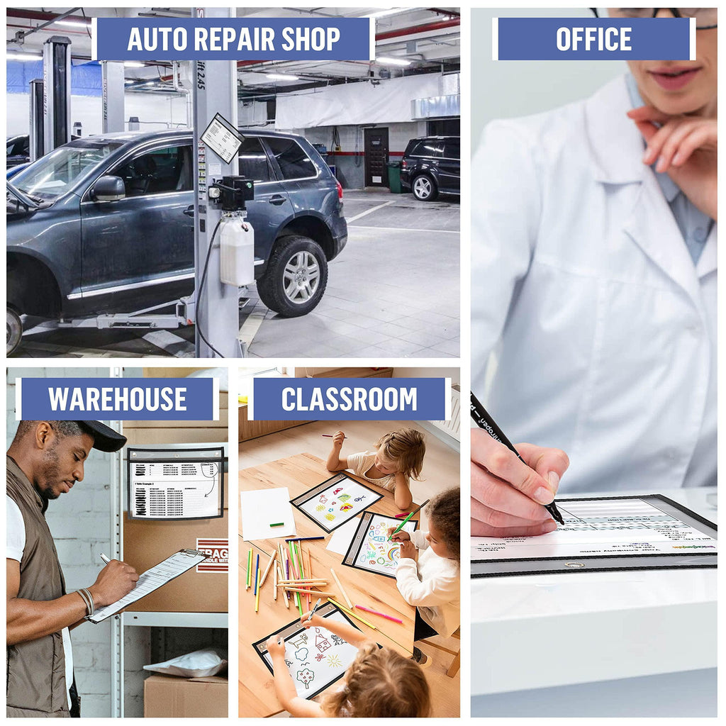 Horizontal document sleeves used in an auto shop, office, warehouse and classroom