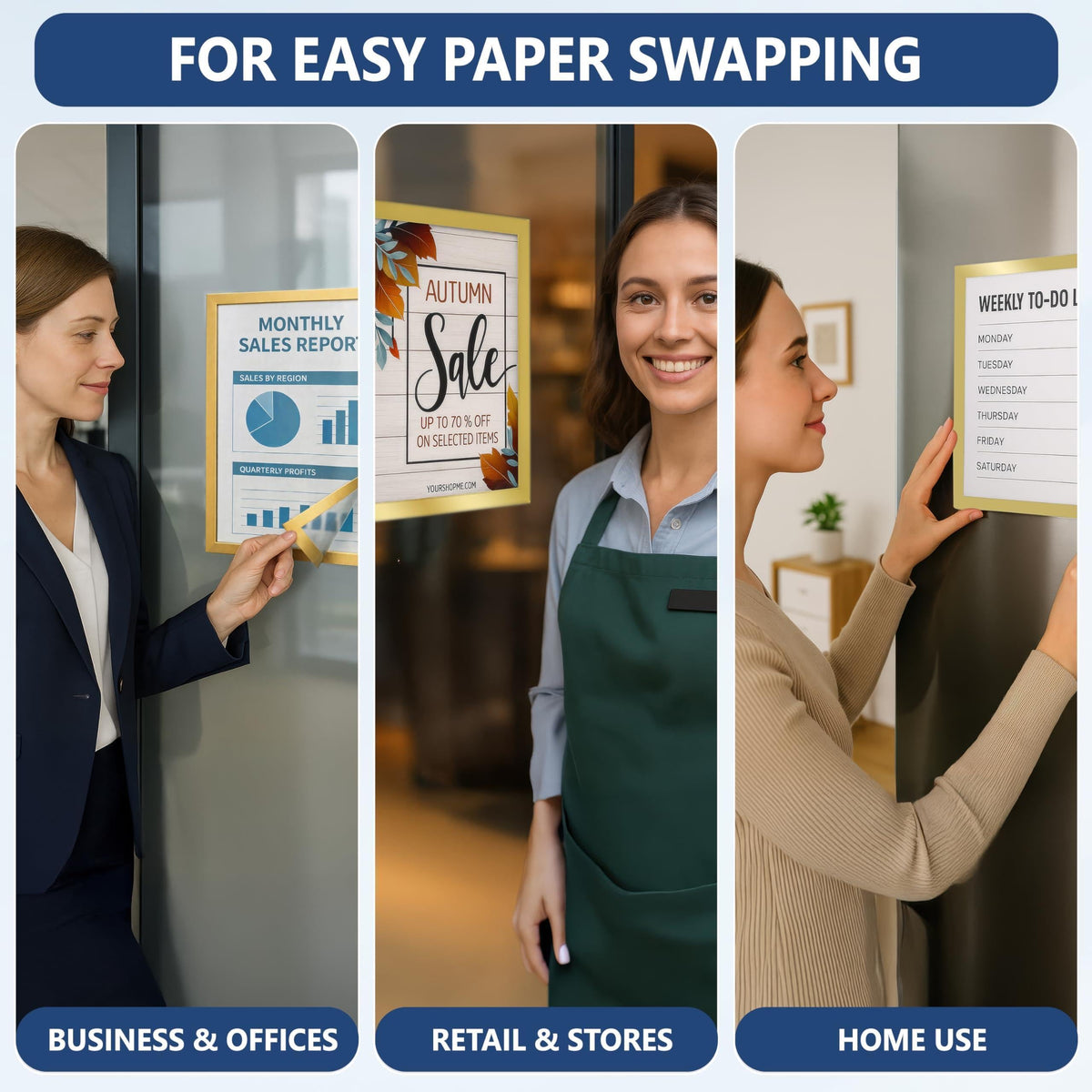 Sign holders showing a sales report, a store sign and a weekly to-do list