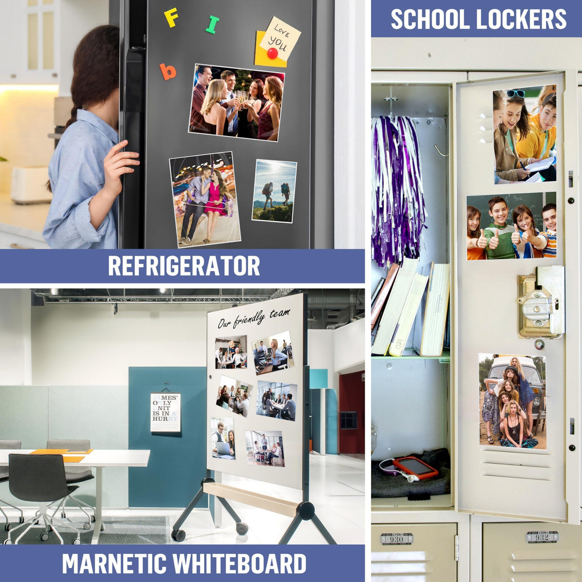 White magnetic sleeves displaying photographs on a refrigerator, whiteboard and locker