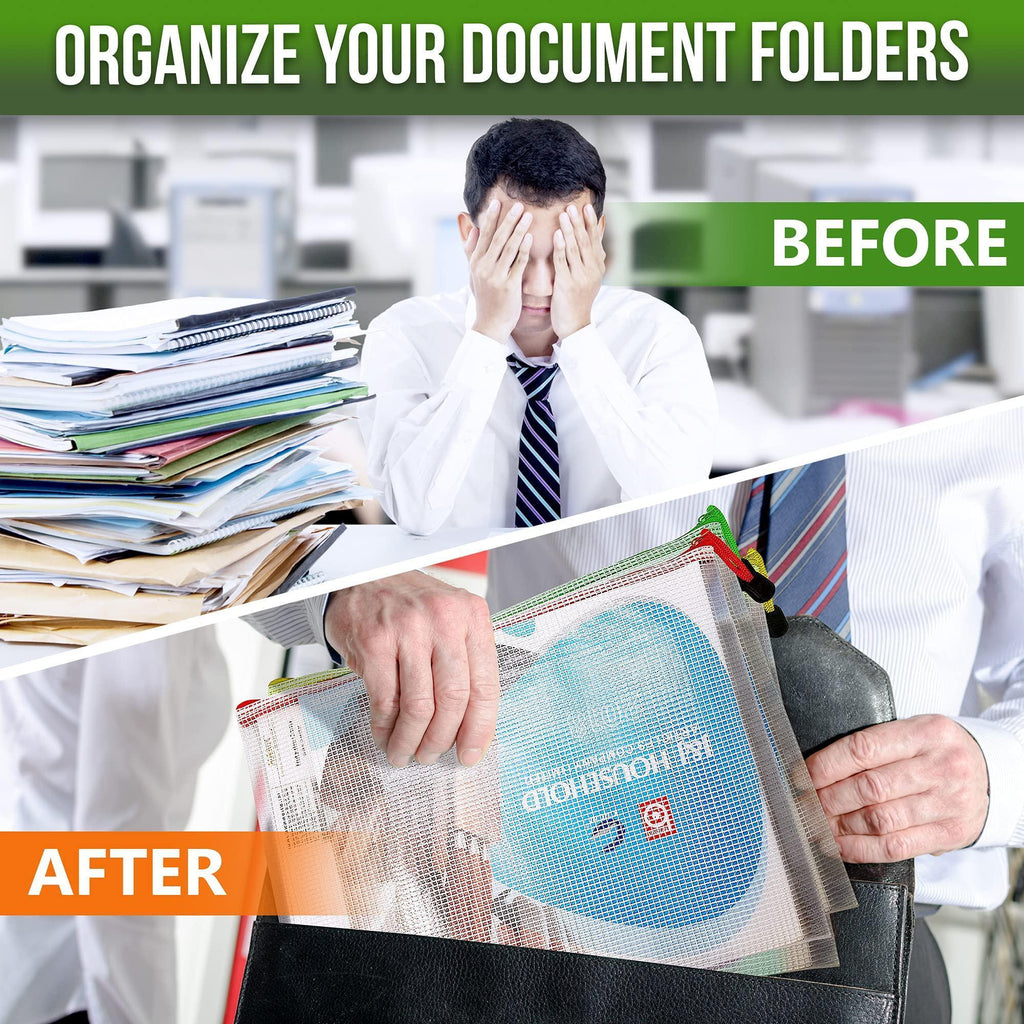 Papers and document folders organized inside a clear mesh zipper pouch