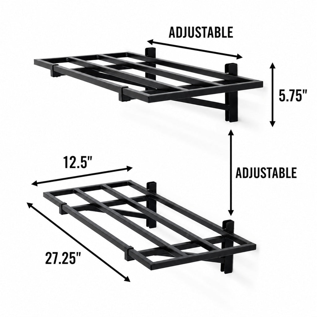 1 x 2 ft shelf dimensions: 27.25 in wide, 12.5 in deep, 5.75 in tall, adjustable spacing